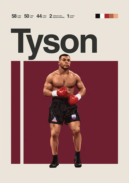 Mike Tyson boxing poster with red gloves and black USA shorts