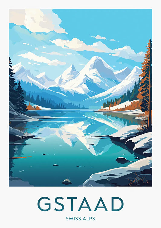 Gstaad poster of Swiss Alps reflection and snowy lake