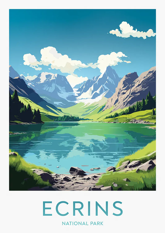 Ecrins National Park poster with mountain lake and alpine peaks
