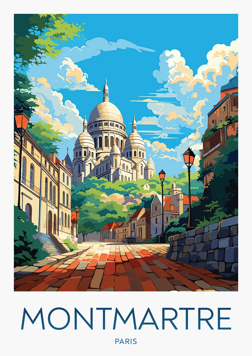 montmartre paris poster featuring sacré-cœur basilica and cobblestone street