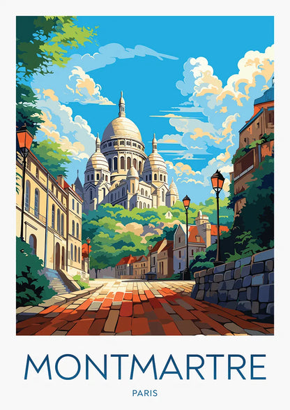 montmartre paris poster featuring sacré-cœur basilica and cobblestone street