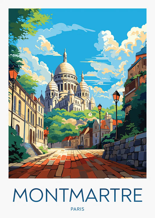 montmartre paris poster featuring sacré-cœur basilica and cobblestone street