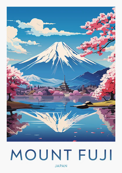 mount fuji poster with cherry blossoms and reflection