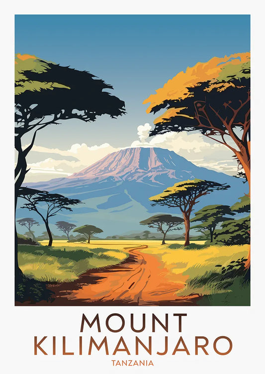 mount kilimanjaro poster with african savanna and acacia trees