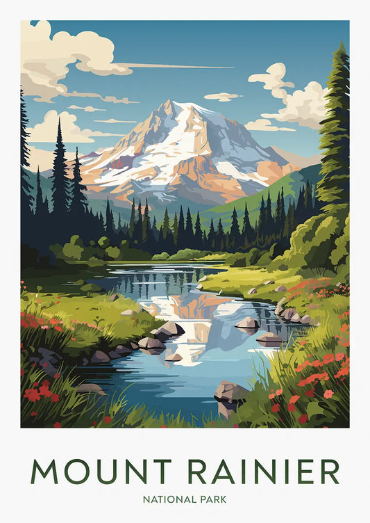mount rainier national park poster with alpine reflection