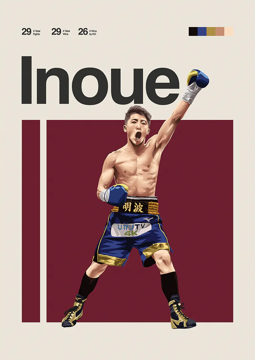 Naoya Inoue boxing poster with blue and gold gloves mid-victory pose
