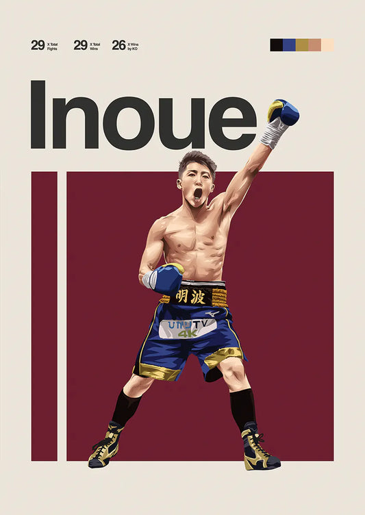 Naoya Inoue boxing poster with blue and gold gloves mid-victory pose