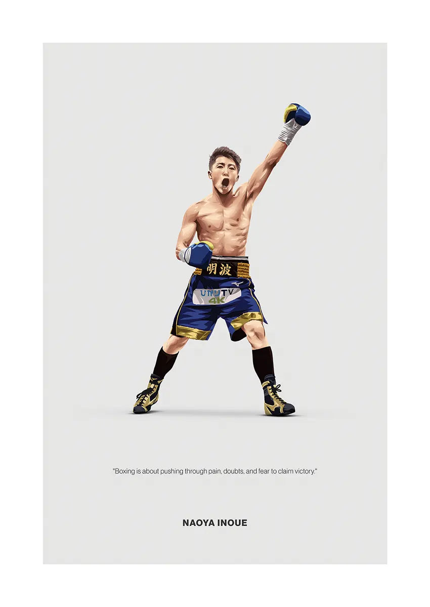 Naoya Inoue boxing poster with blue and gold gear and raised fist