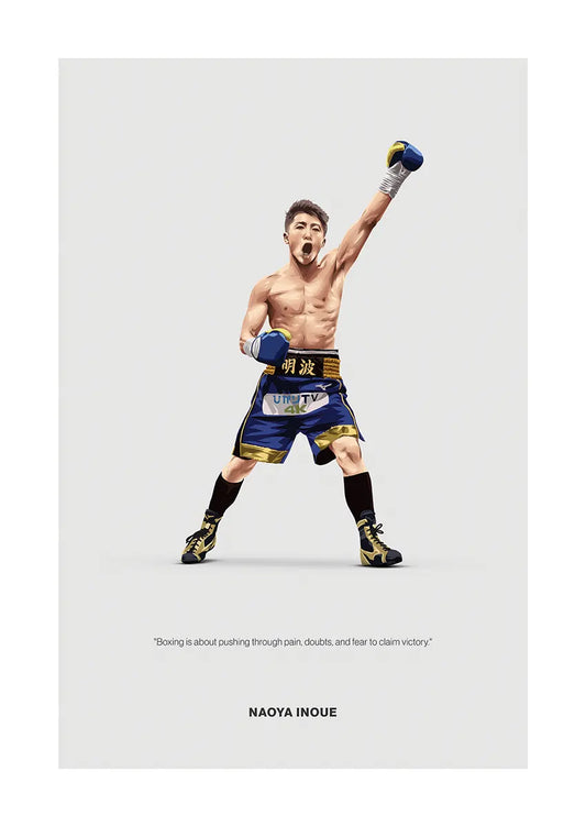 Naoya Inoue boxing poster with blue and gold gear and raised fist