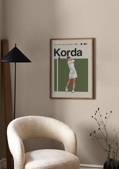 Golf wall art of LPGA star Nelly Korda in white and olive green