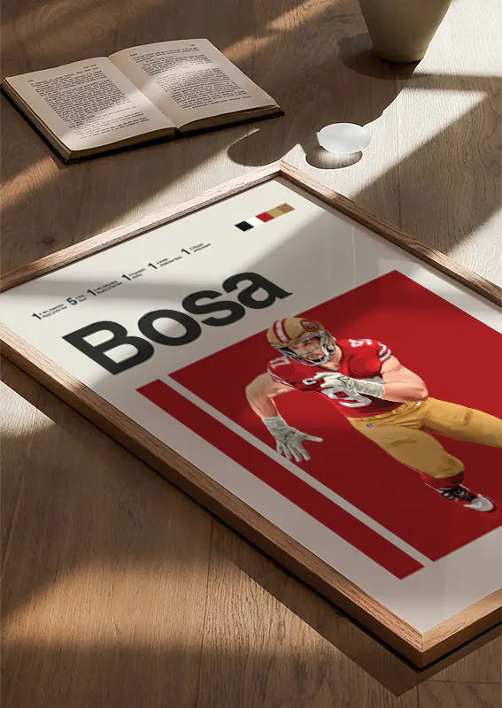 Bold football poster featuring Nick Bosa in red background