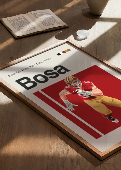 Bold football poster featuring Nick Bosa in red background