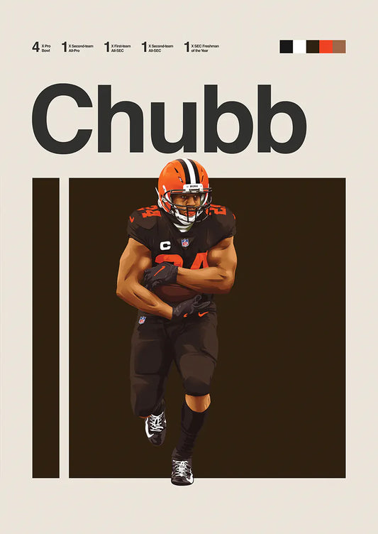 Nick Chubb poster with dark brown football background