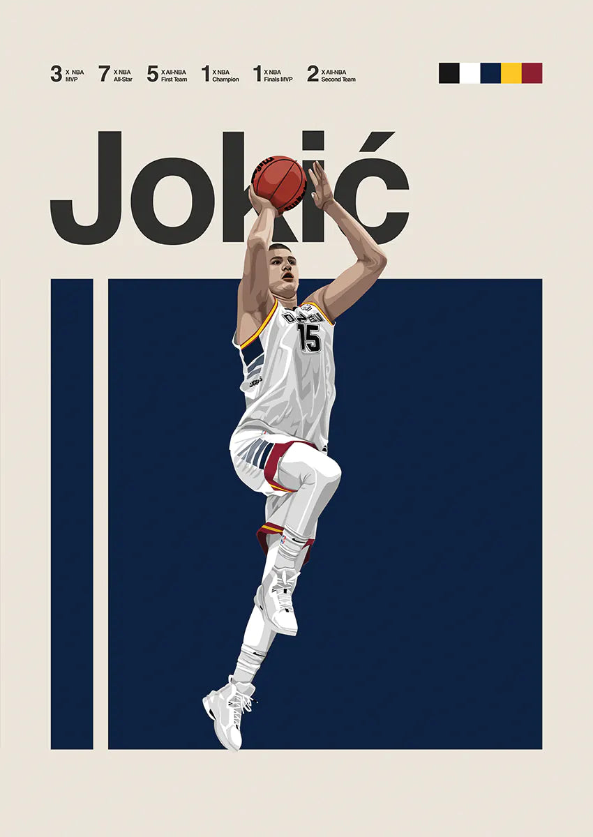 Nikola Jokić dunking poster in Nuggets uniform