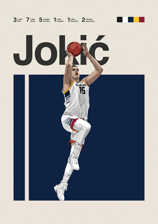 Nikola Jokić dunking poster in Nuggets uniform