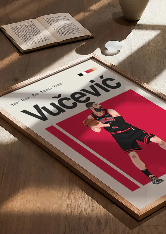 Modern red and black sports artwork of Nikola Vučević