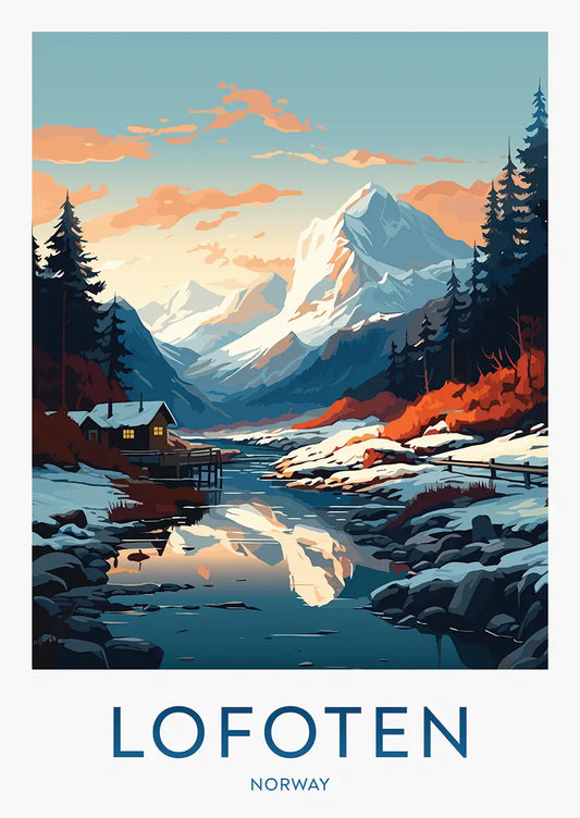 lofoten norway winter travel poster with cabin snowy peaks and sunset