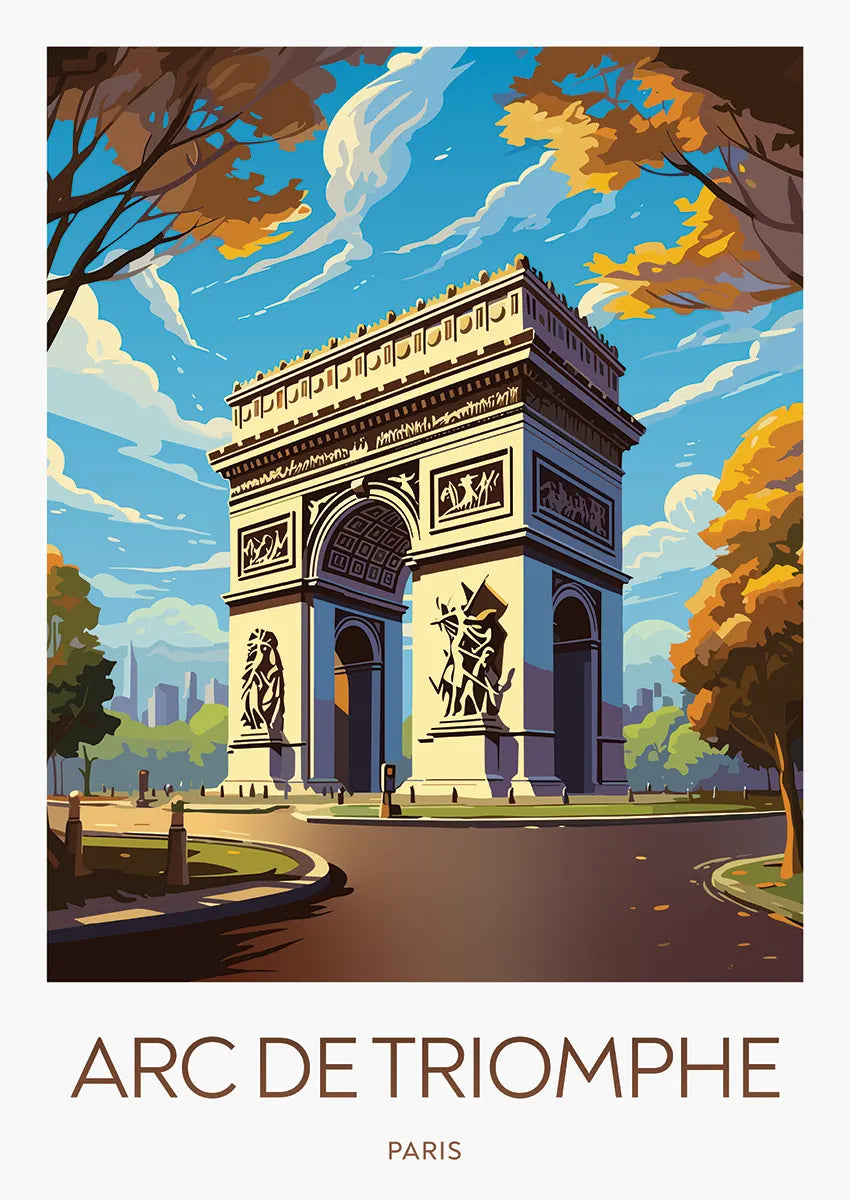 Arc de Triomphe travel poster with blue sky and golden autumn trees