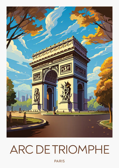 Arc de Triomphe travel poster with blue sky and golden autumn trees