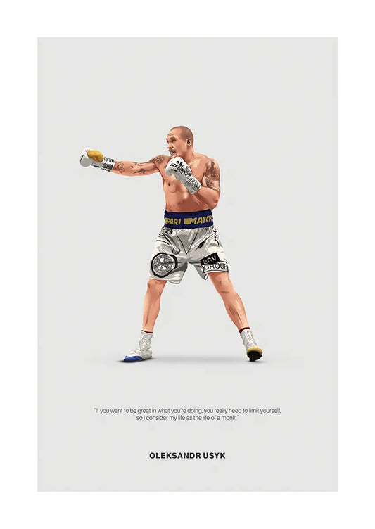 Oleksandr Usyk boxing poster in silver and white gear with focused stance