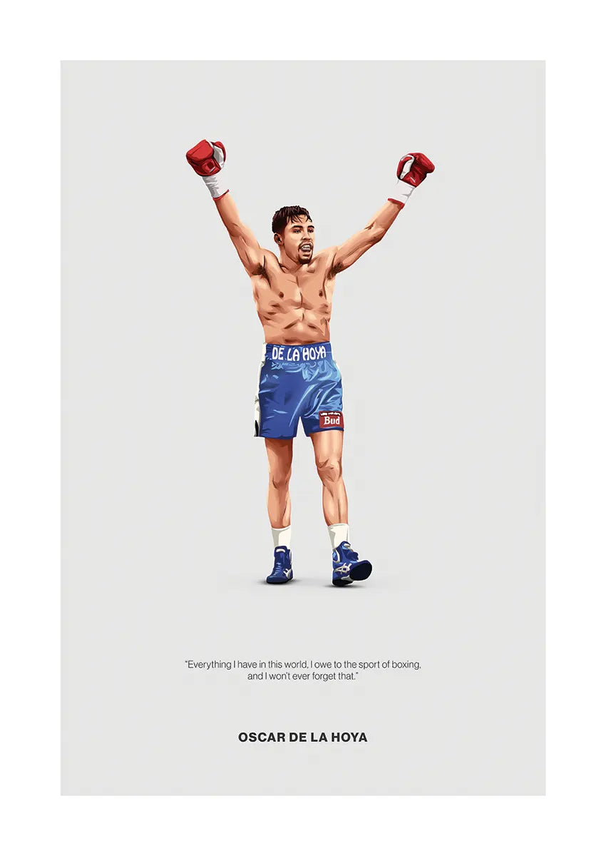 Oscar De La Hoya boxing poster with blue trunks and arms raised in victory