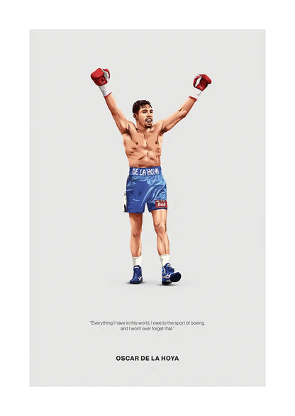 Oscar De La Hoya boxing poster with blue trunks and arms raised in victory