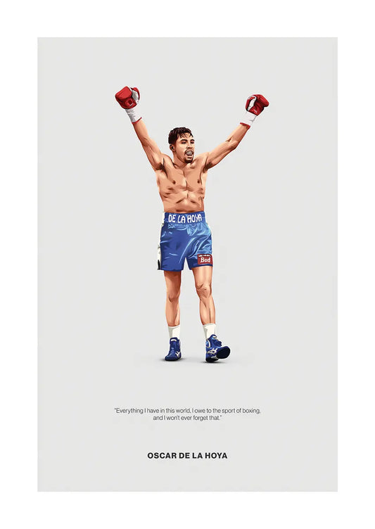 Oscar De La Hoya boxing poster with blue trunks and arms raised in victory