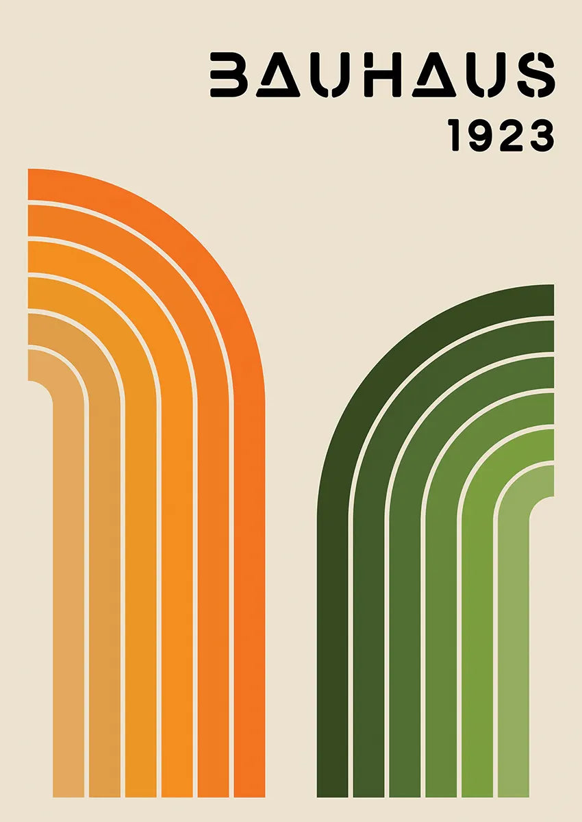 bauhaus 1923 poster with orange and green geometric arches