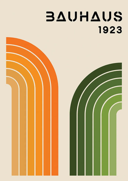 bauhaus 1923 poster with orange and green geometric arches