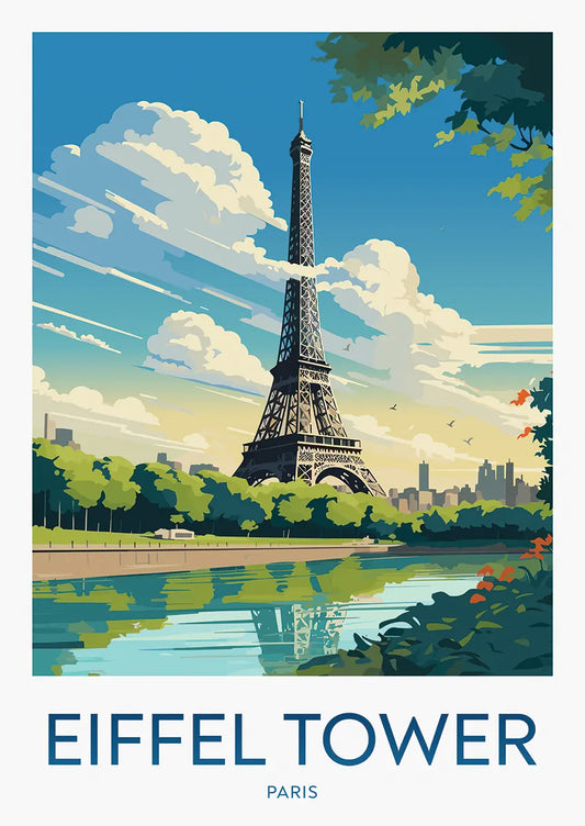 Eiffel Tower Paris poster with Seine River and skyline