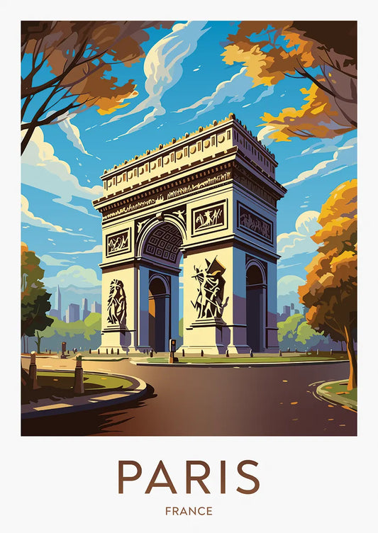 Arc de Triomphe poster with Paris autumn scene and blue sky