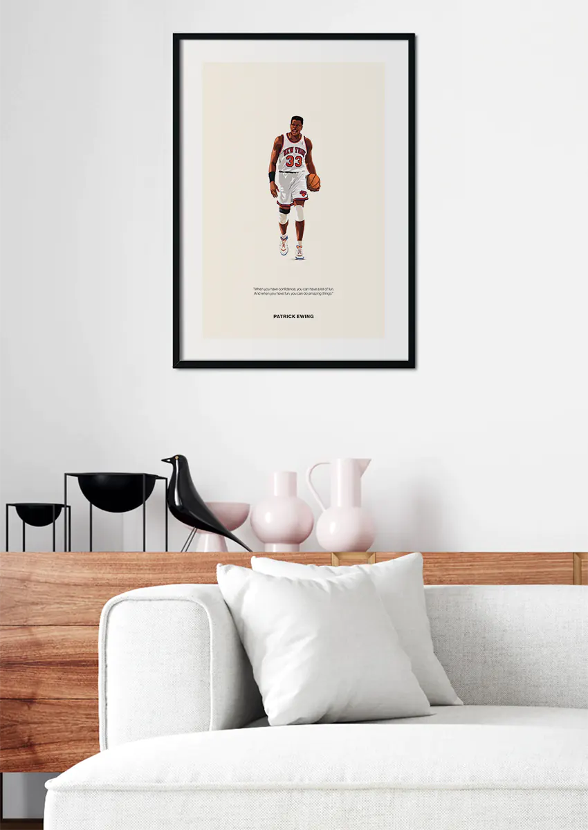 NBA wall art featuring Patrick Ewing in white uniform