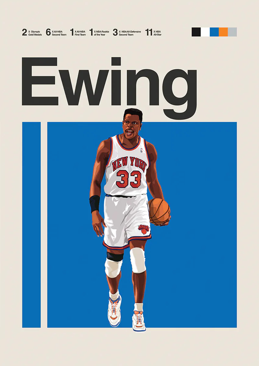 Patrick Ewing poster in New York Knicks uniform with basketball