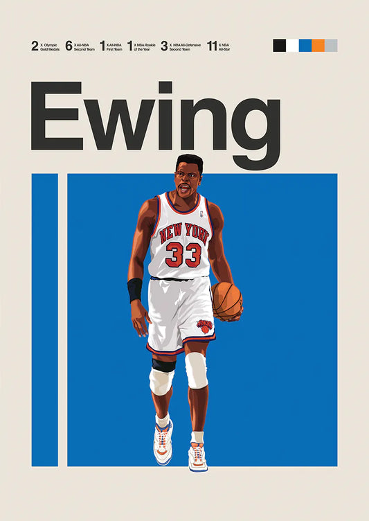 Patrick Ewing poster in New York Knicks uniform with basketball