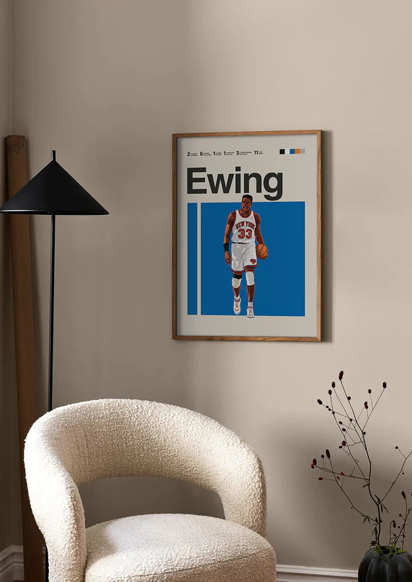 Illustrated Knicks wall art featuring NBA legend Patrick Ewing
