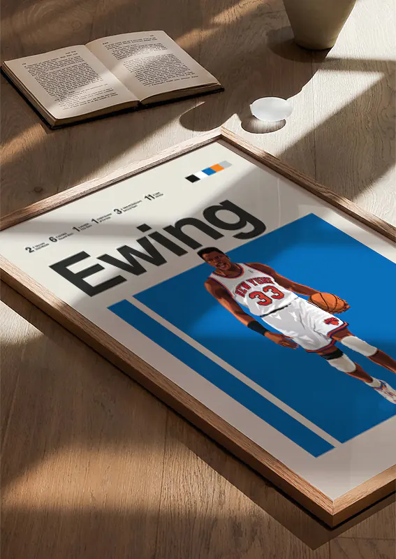 Retro basketball artwork of Patrick Ewing in white jersey