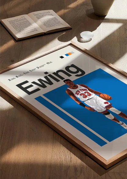 Retro basketball artwork of Patrick Ewing in white jersey