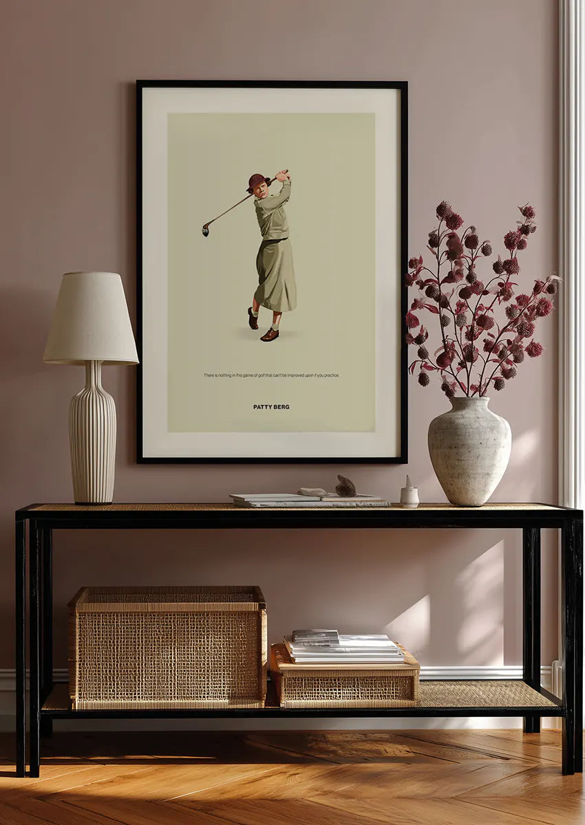 Retro women's golf wall art featuring Patty Berg in classic swing pose