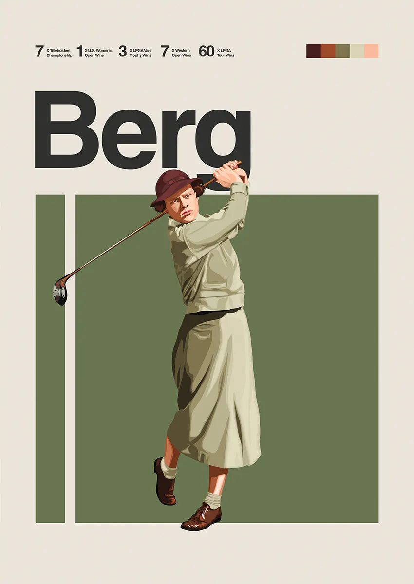 Patty Berg poster with vintage golf swing illustration