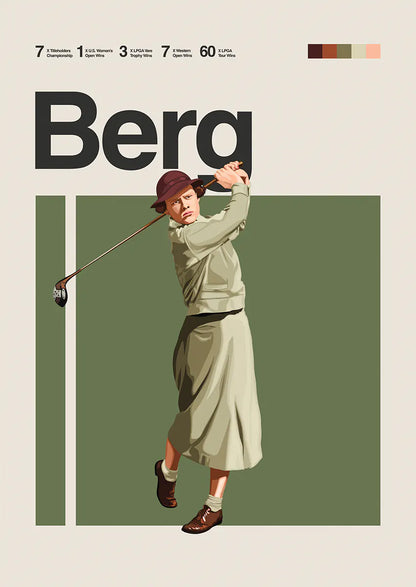 Patty Berg poster with vintage golf swing illustration