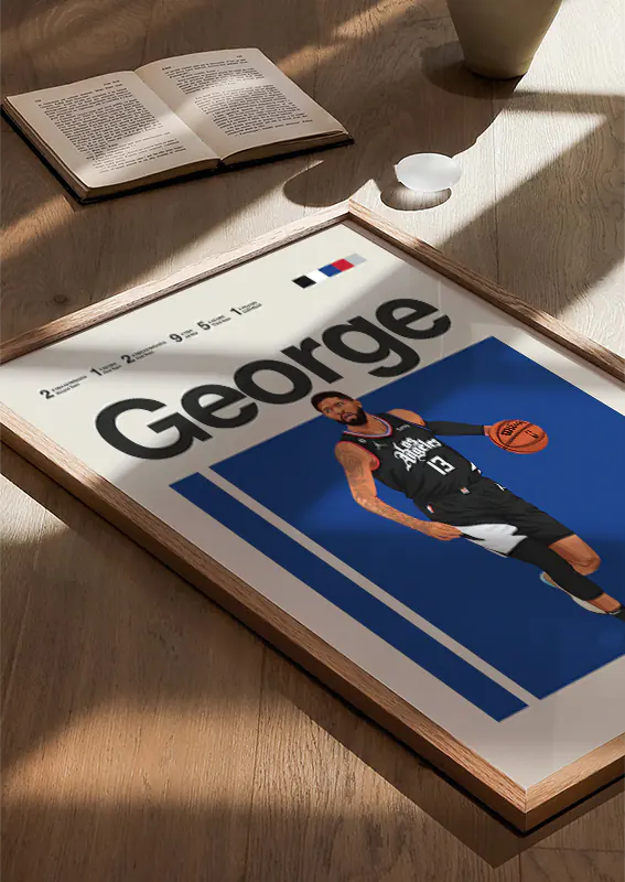 Modern blue and black sports artwork of Paul George