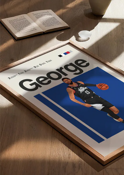 Modern blue and black sports artwork of Paul George