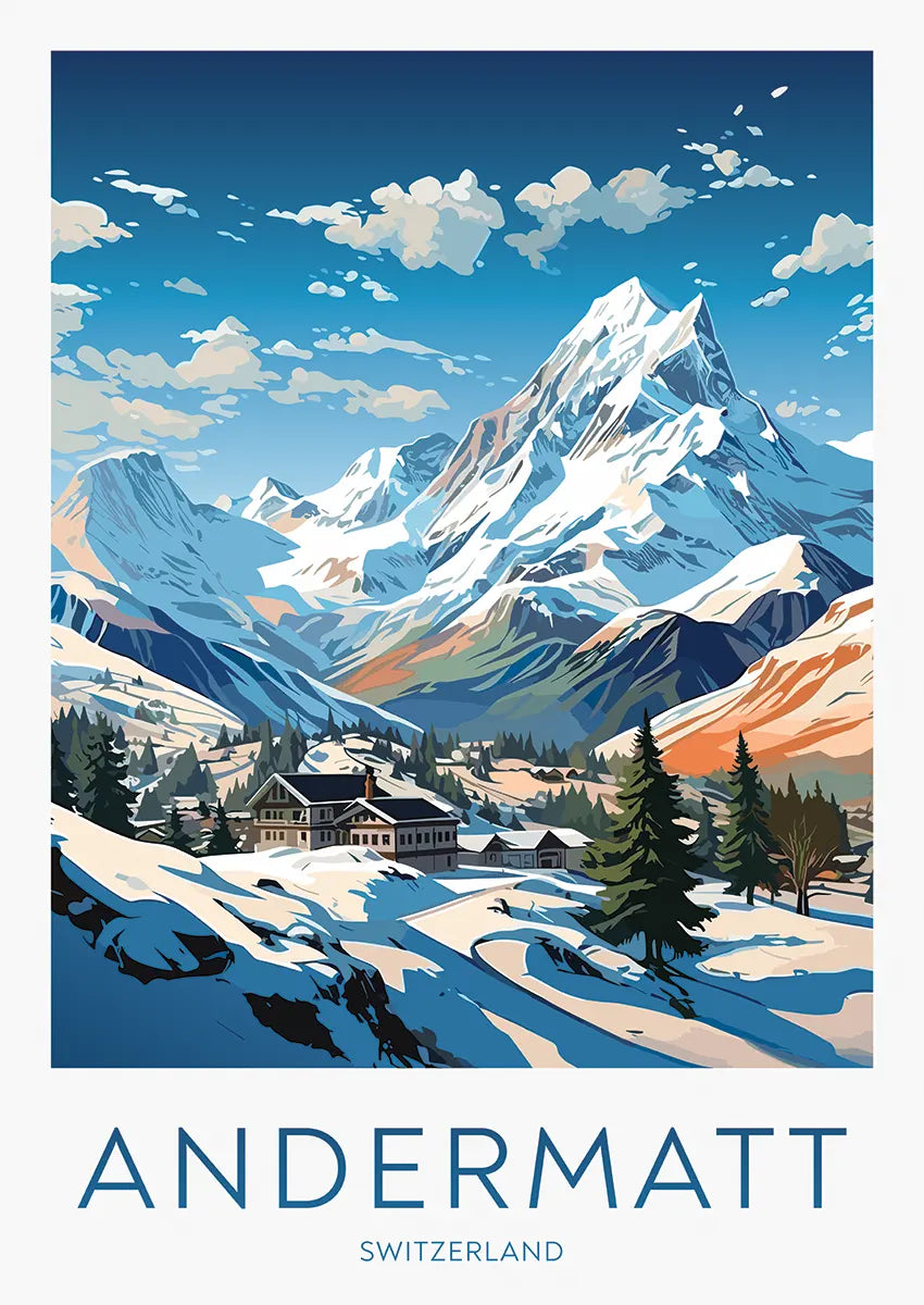 Andermatt Switzerland travel poster with snow-covered alpine village and mountain