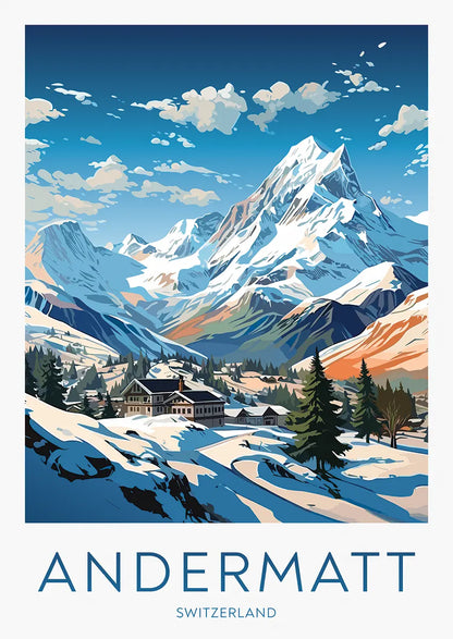 Andermatt Switzerland travel poster with snow-covered alpine village and mountain