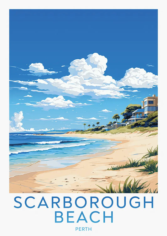 Scarborough Beach Perth travel poster with ocean waves and sandy shore