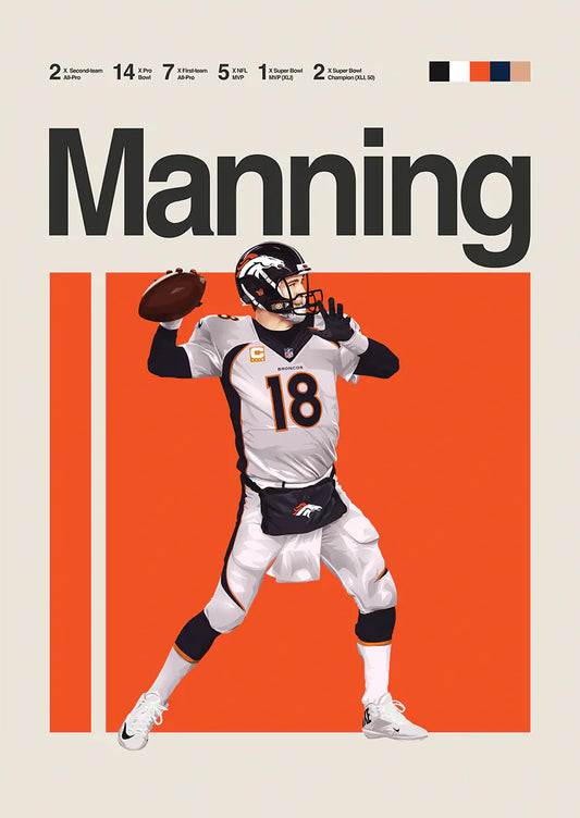 Peyton Manning poster featuring iconic Denver Broncos quarterback in action