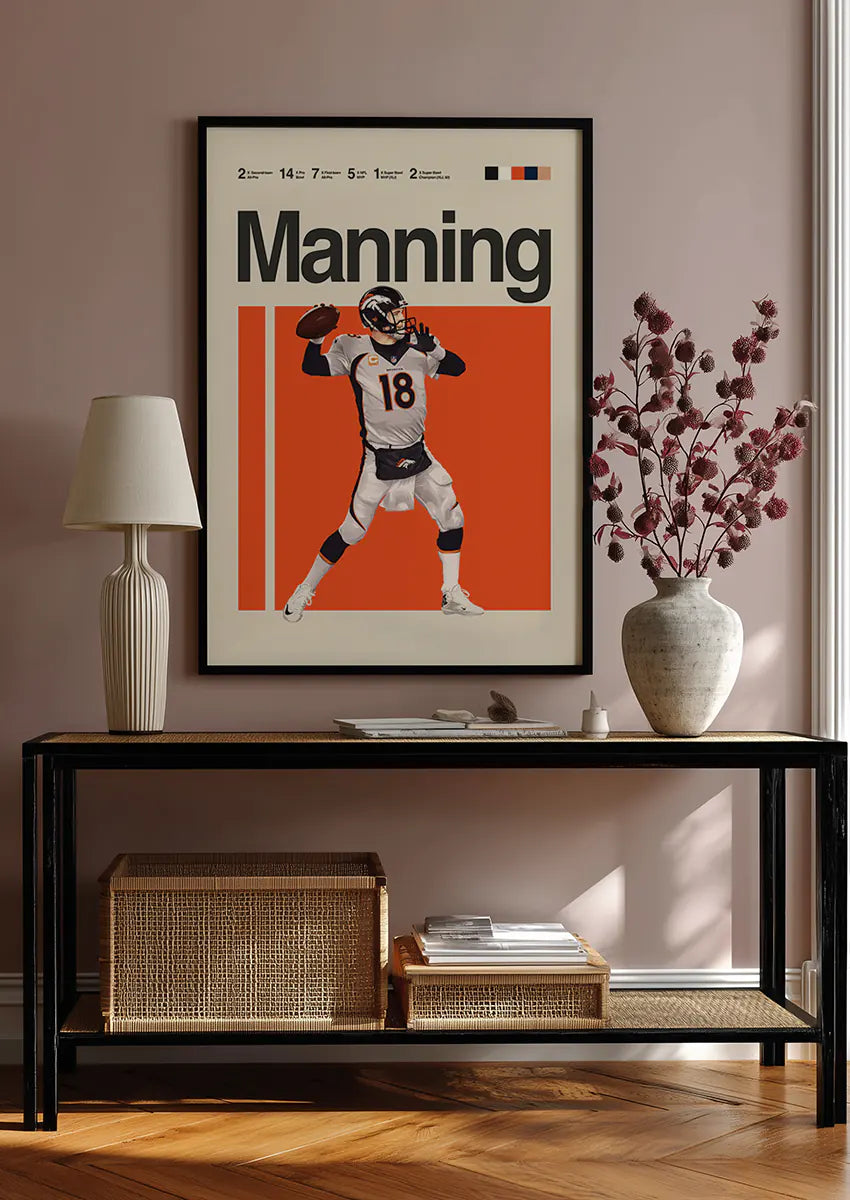 NFL quarterback wall art print with bold orange backdrop