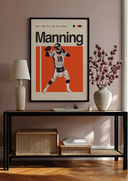 NFL quarterback wall art print with bold orange backdrop