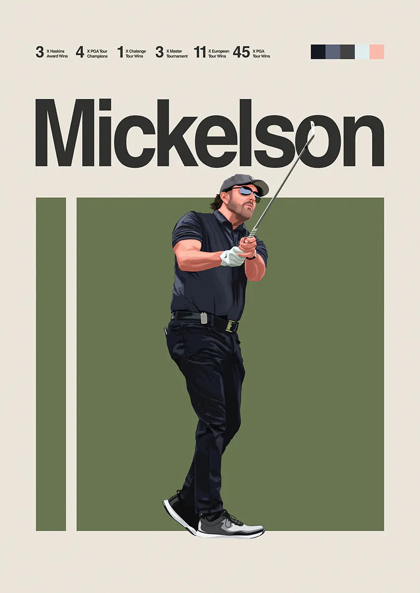 Phil Mickelson poster showing powerful golf swing illustration