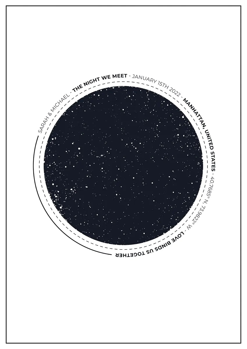 Custom star map poster showing night sky from a chosen date and location